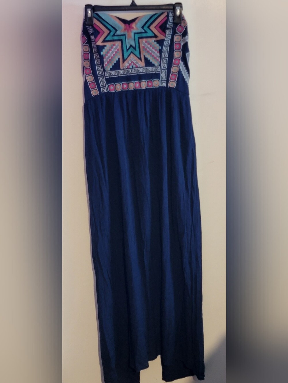 Maurices Boho Navy Strapless Maxi Dress with Multicolor Embroidered Bodice